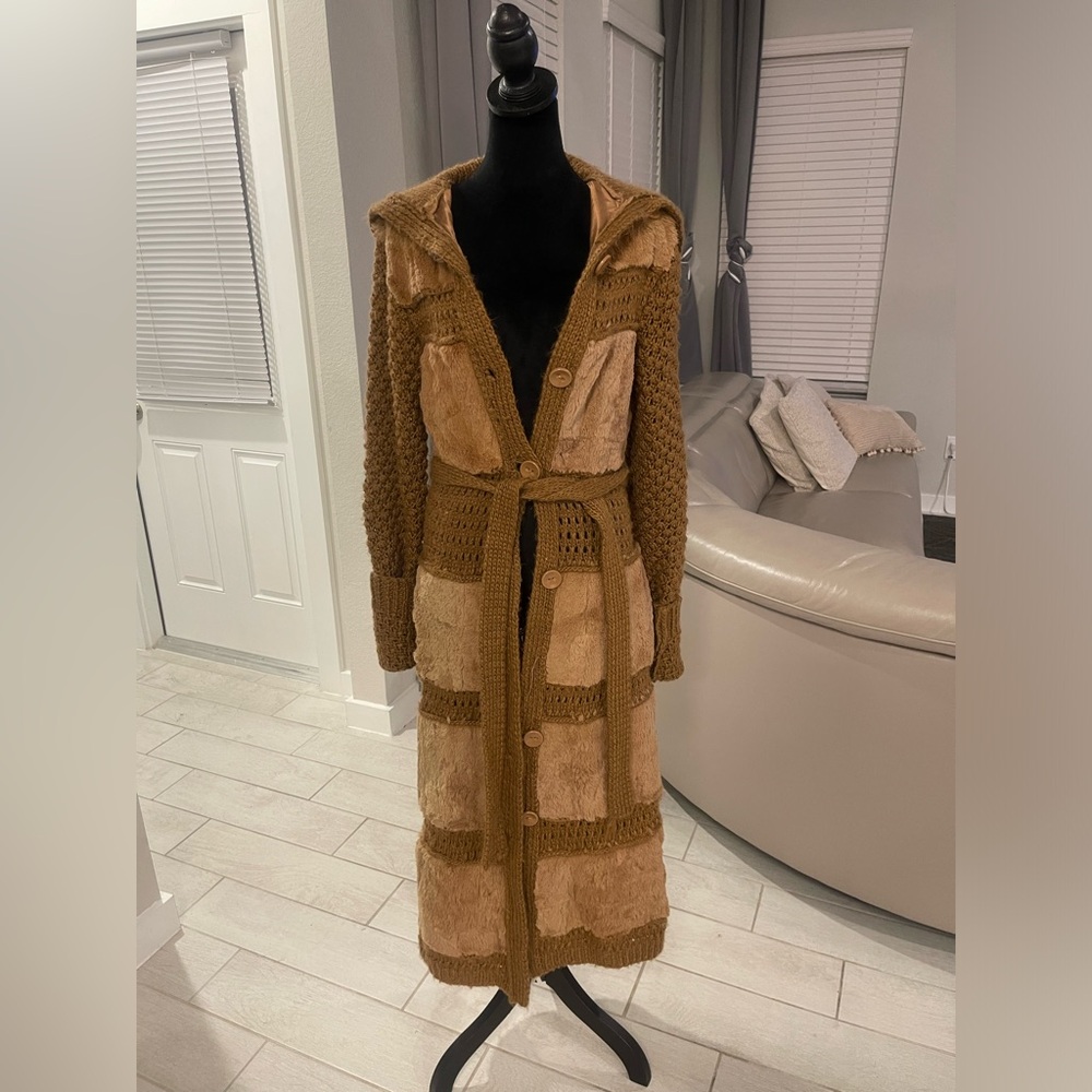 RARE Vintage Y2K Lili rose rabbit fur 100% wool knit patchwork boho belted coat - Picture 5 of 13